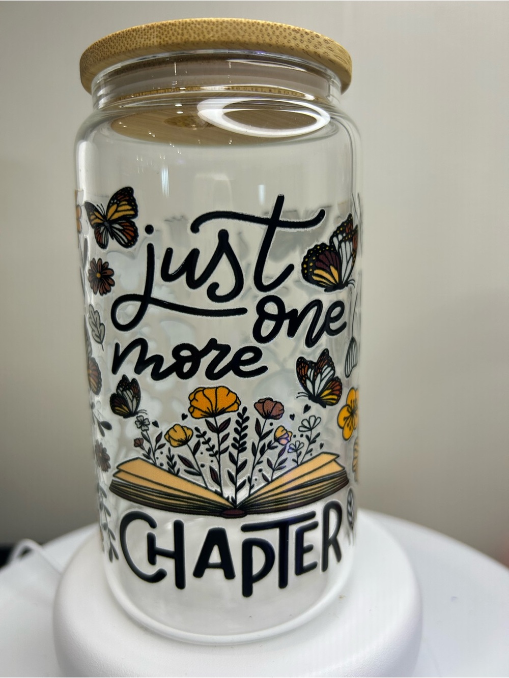 ‘Just One More Chapter’ 16oz Glass Tumbler  with Bamboo Lid and Glass Straw